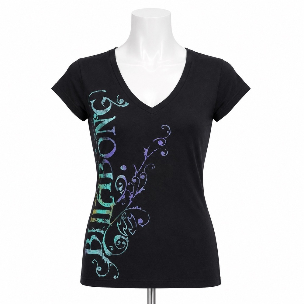 Billabong Y2K Baby Tee Medium Black Graphic V Neck Surf Skate Indie Sleaze